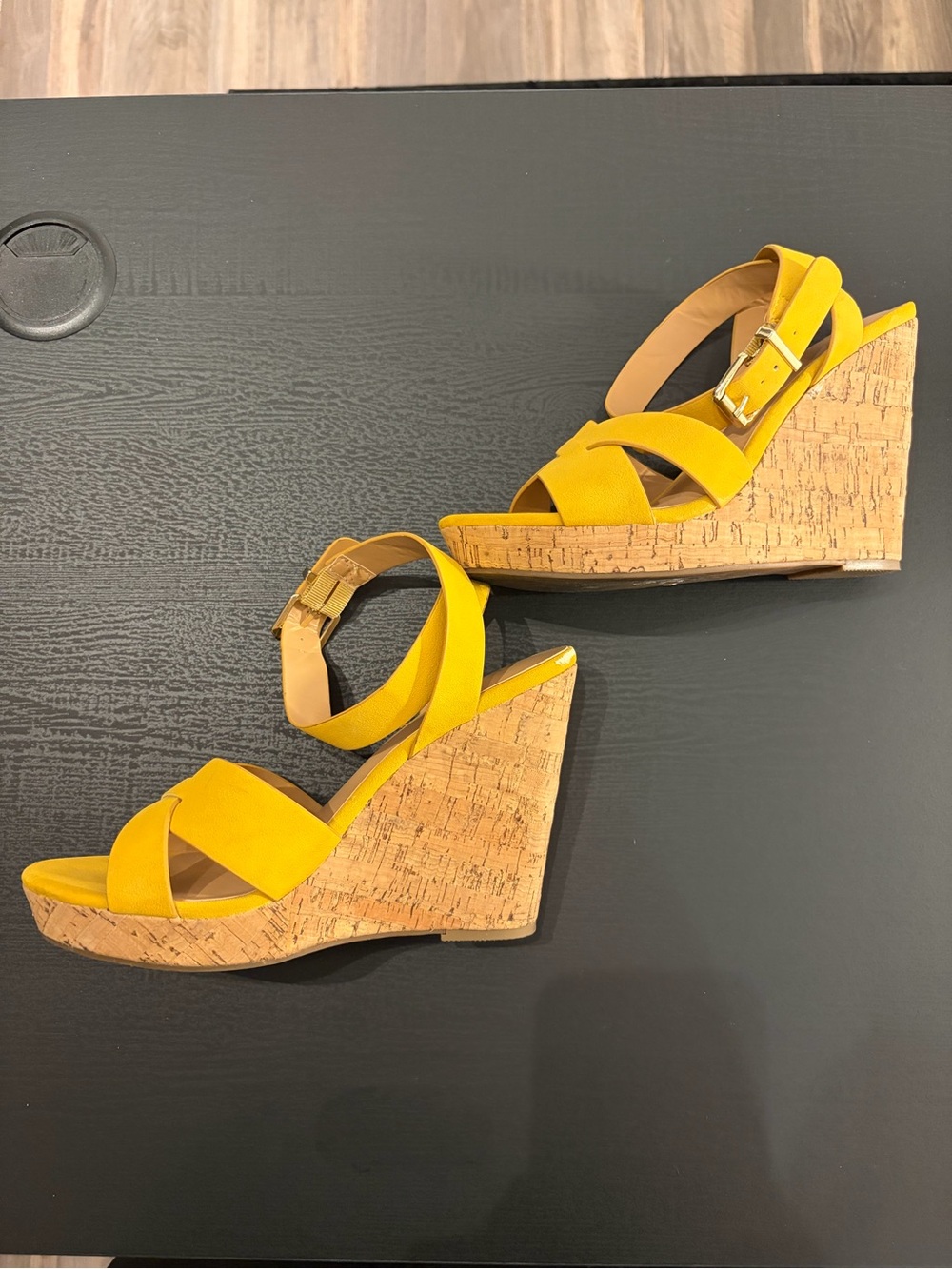 H&M Yellow Cork Wedge Sandals with Ankle Buckle